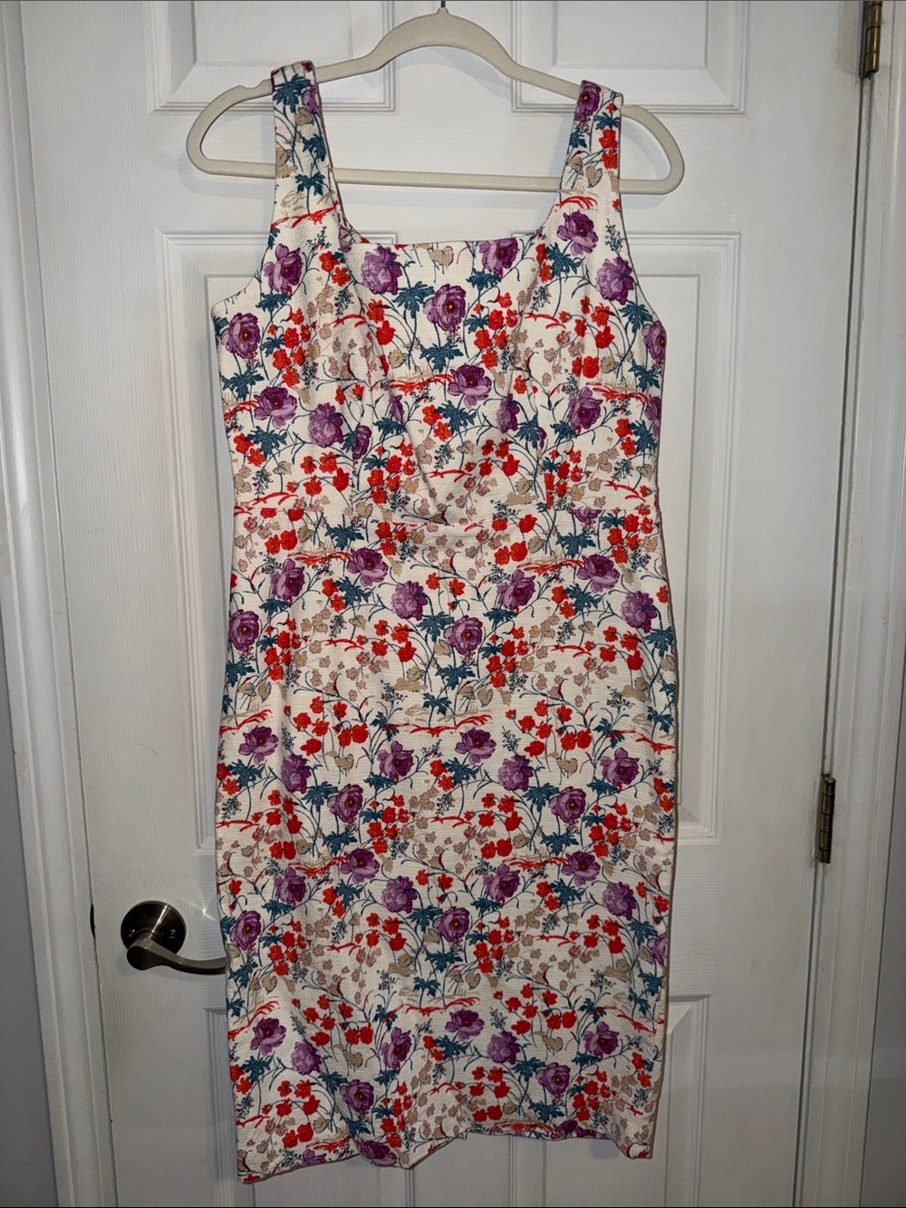 Ann Taylor Cream Midi Dress with Purple & Red Floral Print